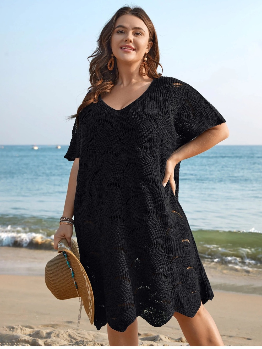 BloomChic Black Crochet V-Neck Beach Coverup 22/24 NWT